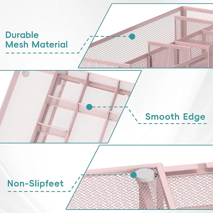 Expandable Desk Drawer Organizer, 10 Adjustable Compartments, Pink | Metal mesh drawer organizer tray with 5 removable dividers, expands from 8.74 to 16 in for office supplies, makeup or tools