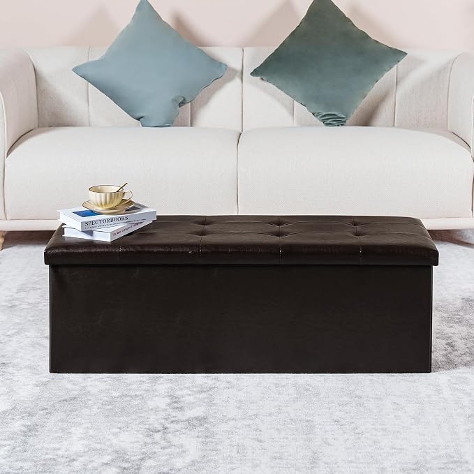 PINPLUS Folding Storage Ottoman Bench, Brown Faux Leather Long Storage Chest Footstool Seat, Bench for Bedroom and Hallway, 43.3"x15.7"x15.7"