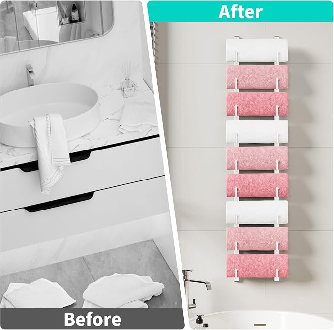 HapiRm Rolled Towel Racks for Bathroom - 9-Tier Over The Door & Wall Mounted Bathroom Towel Storage, Hanging Metal Organizer for Towels & Bath Sheets, Space Saving Rack for Bathroom, Camper, RV, White