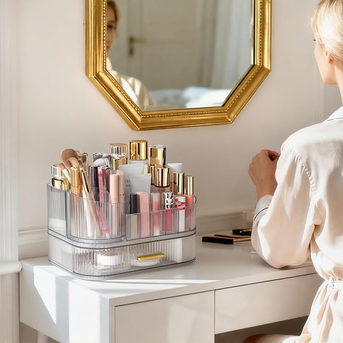 Delamu Rotating Makeup Organizer countertop, Brush Holder for Vanity, Clear | Stackable Drawer Makeup Storage for Skincare, Lipstick, Brushes & Perfume, Fits Dresser & Bathroom Countertop, Gift for Women