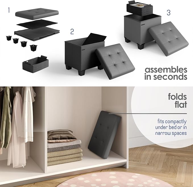 Storage Ottoman Cube with Small Bin, 15-in Square Ottoman with Storage for Living Room and Bedroom, Small Ottomans Foot Rest, Faux Leather Foot Stools Ottomans Max 330lbs, Grey