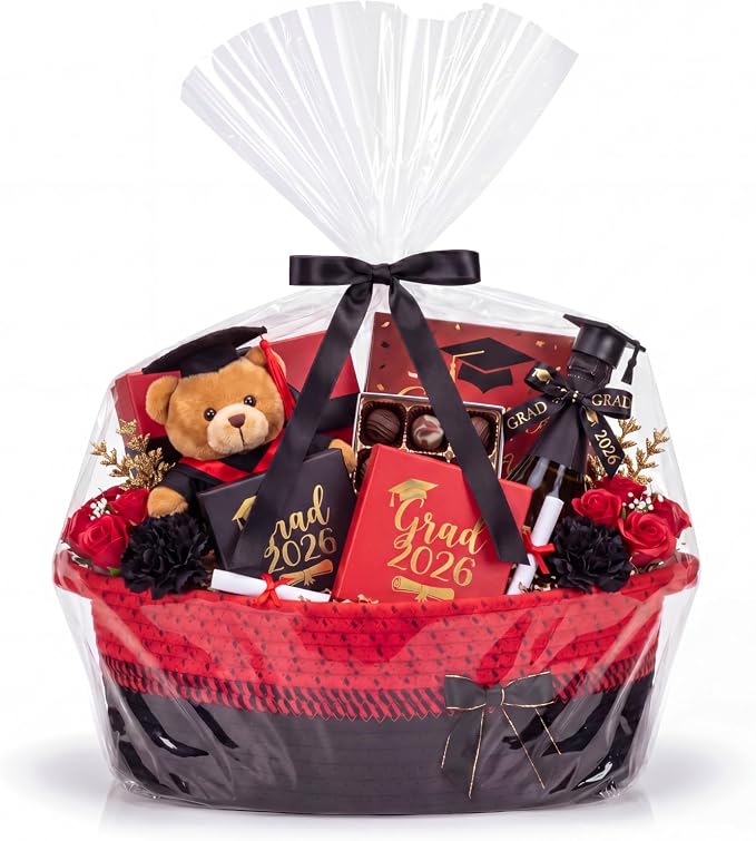 Colingmill 1 Set Woven Empty Basket for Gift,Red Black | with Cellophane Wrap Set, 14 x 10 x 5.5 Inch, Medium Decorative Gift Basket, Cotton Rope Storage Box, Home Decor
