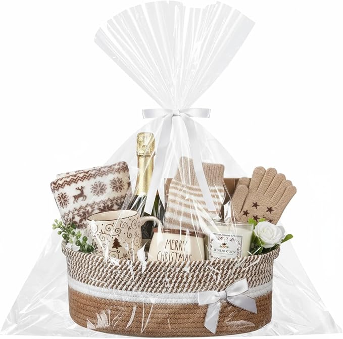 Colingmill 1 Set Woven Empty Basket for Gift,Khaki White | with Cellophane Wrap Set, 14 x 10 x 5.5 Inch, Medium Decorative Gift Basket, Cotton Rope Storage Box, Home Decor