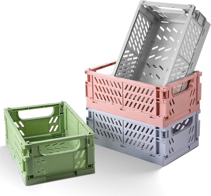 HUUSMOT 4-Pack Small Collapsible Plastic Storage Baskets, 9.8"x6.5"x3.8" | Pastel, Space-Saving, Collapsible Plastic Bins, Cute Mini Storage Crates, for Classroom, Kitchen, Office, Bedroom