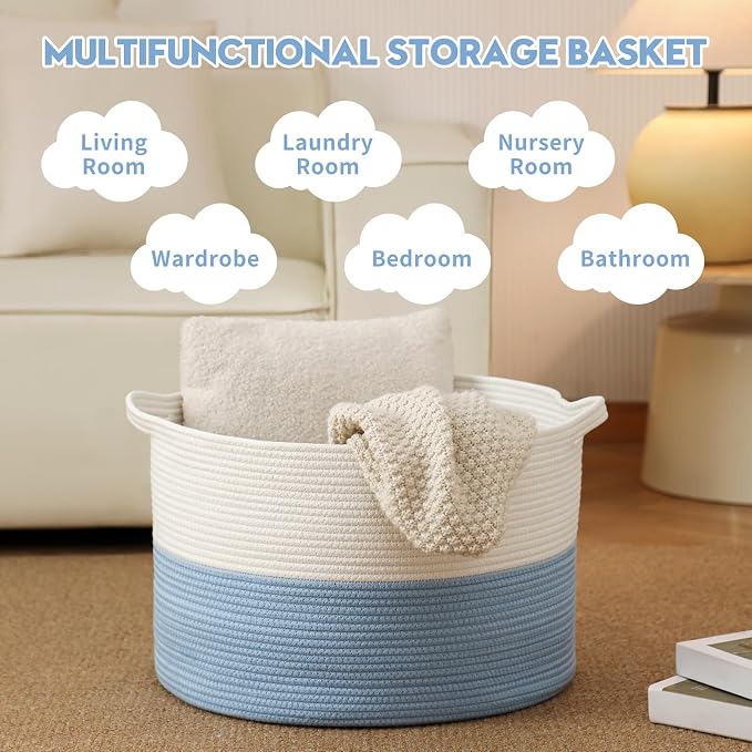 Foldable Laundry Hamper Basket with Collapsible Handle Cotton Rope Soft Woven Fabric Storage Organizer Clothes Toys Nursery Bedroom Dorm Space Saving Bin (White & Blue, 115L(23.6"D x 15.7"H))