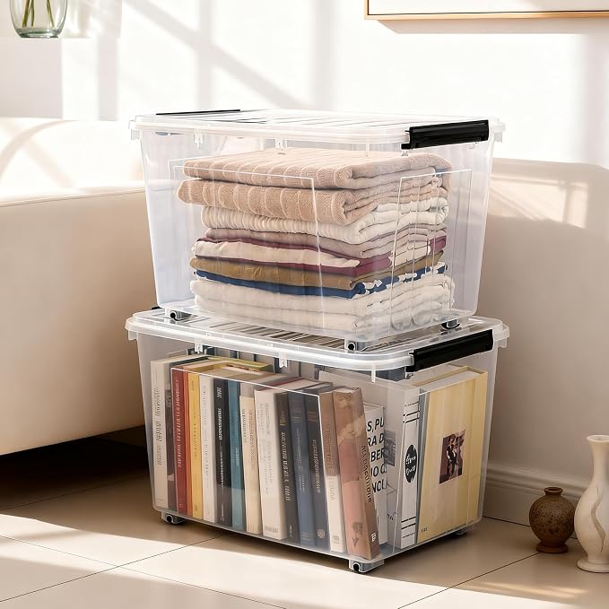 Citylife 82 Quart Large Clear Plastic Storage Bins with Lids 2-Pack | Stackable, Secure latching lids, Easy Find, Clothes Storage Bins for Closet Bedroom Garage