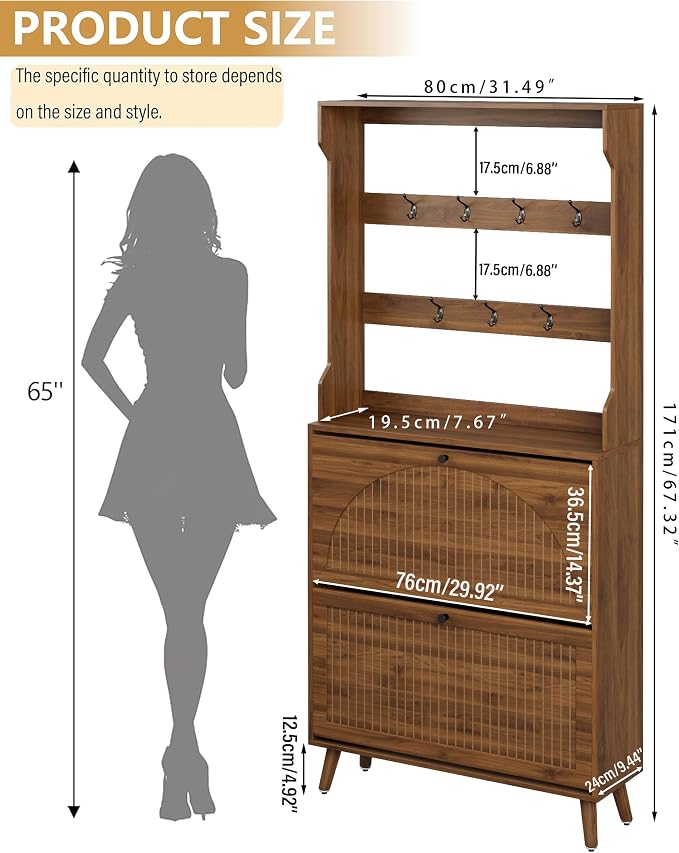 Fsbecl Shoe Cabinet for Entryway with 2 Flip Drawers & Coat Rack, Narrow Hidden Shoe Storage Cabinet with Fluted Panel, 2-in-1 Hall Tree Slim Freestanding Shoe Rack Organizer for Hallway