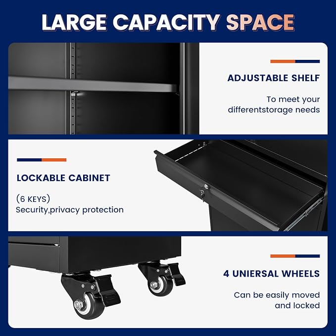 Yizosh Metal Garage Storage Cabinet with Locking Doors and Adjustable Shelves, 73" Rolling Tool Storage Cabinet with 4 Wheels and 1 Drawer for Garage,Warehouse (Black)