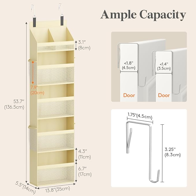 Lifewit 5 Tier Over the Door Diaper Organizer for Nursery, Large Heavy Duty Hanging Storage with 4 Mesh Side Pockets, Sturdy Back of Door Shelf for Baby Stuff Toy in Pantry, Laundry, Bathroom, Beige