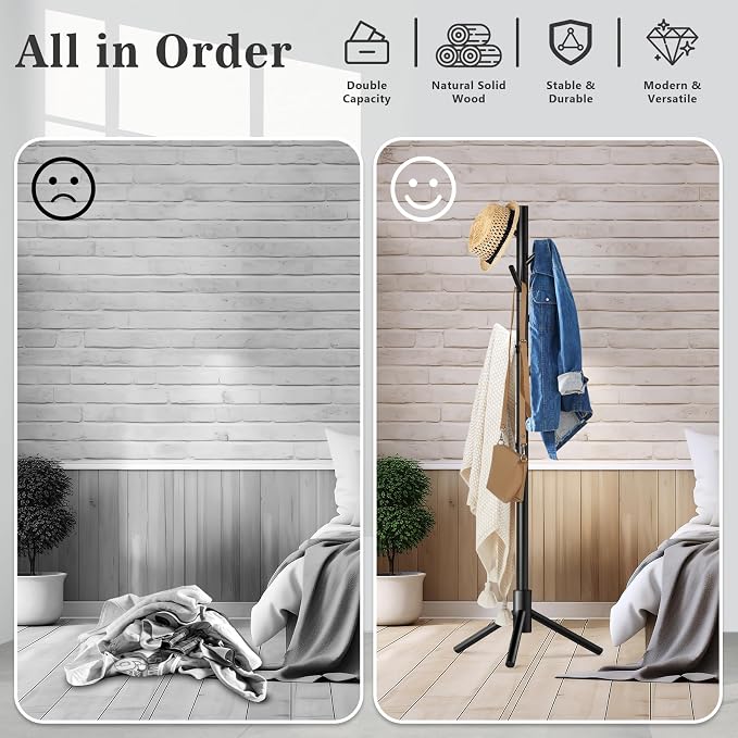 Wooden Coat Rack Freestanding with 8 Hooks,Easy Assembly New Zealand Pine Tree Coat Racks, 3 Adjustable Sizes for Clothes, Hats, Bags, for Entryway, Hallway, Bedroom, Office (Black, 2 PCS)