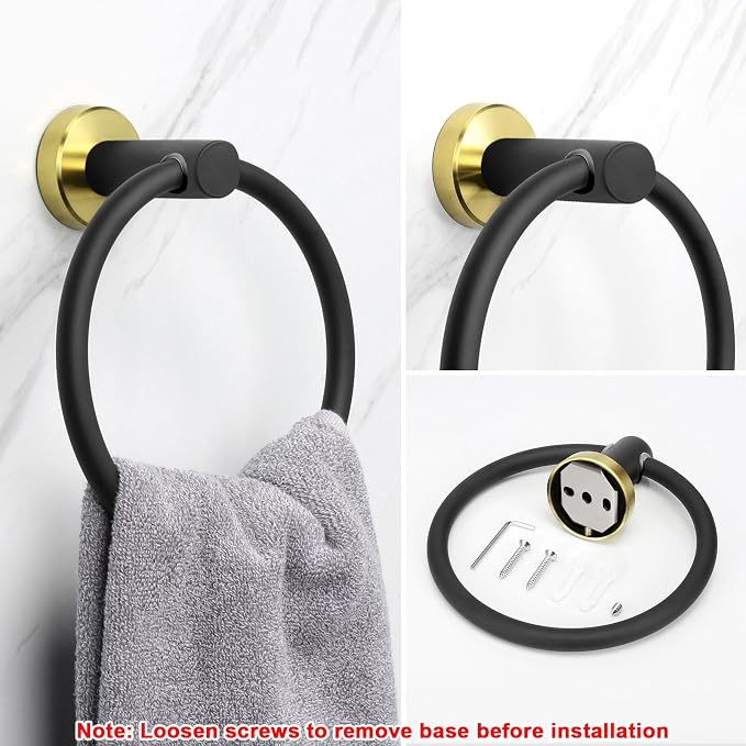 NearMoon Bath Towel Ring, Bathroom Hardware Accessories-Thicken Stainless Steel Hand Towel Holder for Bathroom, Modern Round Towel Hanger Wall Mounted (Black and Gold, 1 Pack)