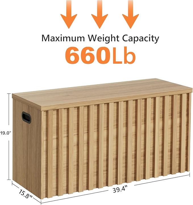 Storage Bench,39.4" Wood Box, Storage Trunk with 2 Safety Hinges, Ottoman Storage Chest, Fluted Storage Bench for Bedroom, Entryway, Living Room(Natural Wood)