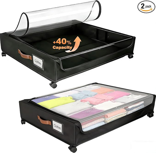 80L Large Under Bed Storage with Wheels, 2-Pack XXL Underbed Shoe Storage | Fit Most Bed, Removable & Locakable Wheels, Sturdy Metal Frame, Clear Lid, Easy Install, for Off-Season Clothes/Blankets