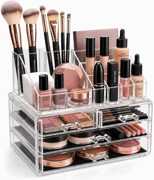 Brookstone Makeup Organizer Countertop, Cosmetic Display Case, Acrylic Makeup Storage for Vanity, Clear Make-up Organizer for Vanity, Accessories Holder with Drawers