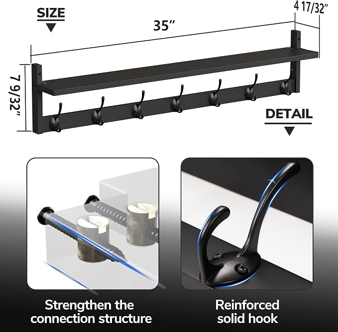 BAMEOS Wall Hooks with Shelf 35 Inch Length Entryway Hanging Shelf Wood Coat Hooks Wall-Mounted Coat Hook Rack with 7 Dual Hooks for Bathroom, Living Room, Bedroom (Black)
