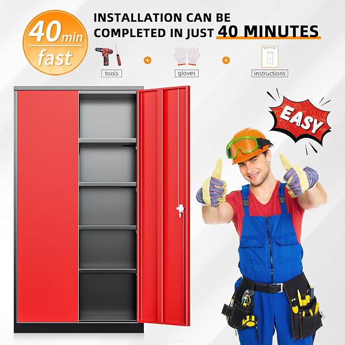 INTERGREAT Metal Storage Cabinet with Doors, 72" Locking Steel Storage Cabinet with Shelves, Tall Metal Cabinet Lockable Steel Cabinets for Home Office, Garage,(Black+Red)