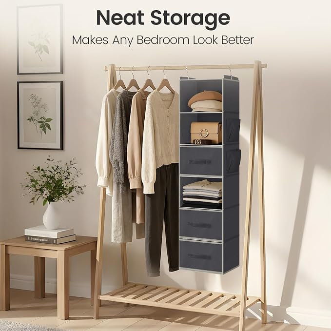 Hanging Closet Organizer 6-Shelf with 3 Drawers & Side Pockets, Closet Organizers and Storage for Dorm, Nursery & Wardrobe Organization, Hanging Shelf Clothes Organizer for Sweaters, Shoes, Gray