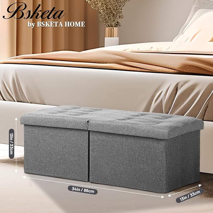 Bsketa Storage Ottoman Bench, 34" Folding Linen Foot Rest Stool, Dark Gray | Large Ottoman with Storage, Thicker Foam Padded Seat, Livingroom, Dorm, Bedroom, Easy to install, 86L,34 x 13 x 13in