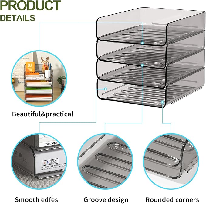FANXIYQ 4-Tier Acrylic Paper Tray Organizer, Brown Office Paper Organizer | Stackable, Tool-Free Design with 2-4 Tiers for A4 Paper, Files, Books and Mail; Ideal for School, Home Office and Study Room