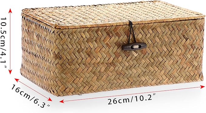 Hipiwe Small Woven Shelf Baskets Bin with Lid Seagrass Wicker Storage Box | Handmade Seagrass Basket Organizer Rectangular Household Basket Boxes for Shelf Wardrobe Home Decor, Caramel