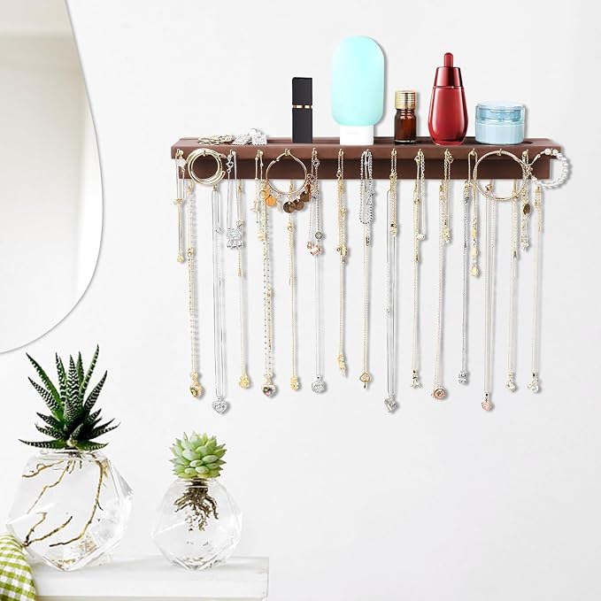 YYILIS Necklace Holder, Upgraded Extra Large Wall Necklace Organizer with 30 Hooks Wall Mounted Necklace Hanger with Jewelry Tray/Cosmetics Shelf Rustic Pine Wood Holder (Walnut) | 30 Hooks Wall Mounted Necklace Hanger with Jewelry Tray/Cosmetics Shelf...