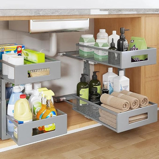 Under Sink Organizer,2-Tier Dual Pull Out Cabinet Organizer Drawers With Smooth Circular Rail,Large Capacity Metal Mesh Sliding Shelves For Bathroom& Kitchen Storage,Height Adjustable–Gun Gray,2 Packs