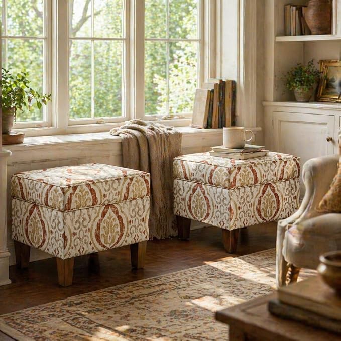 Spatial Order 22" Square Ottoman - Burnt Orange and Cream Medallion