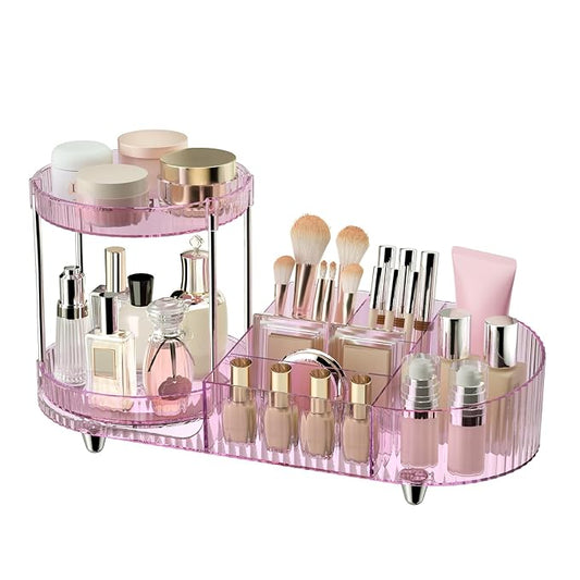 360 Rotating Vanity Makeup Organizer, 2 Small Trays & 5 Compartments for Cosmetics, Skincare, Perfume, Lipstick & Make up Brushes Holder, Dresser Countertop Organizers and Storage for Bathroom, Desk