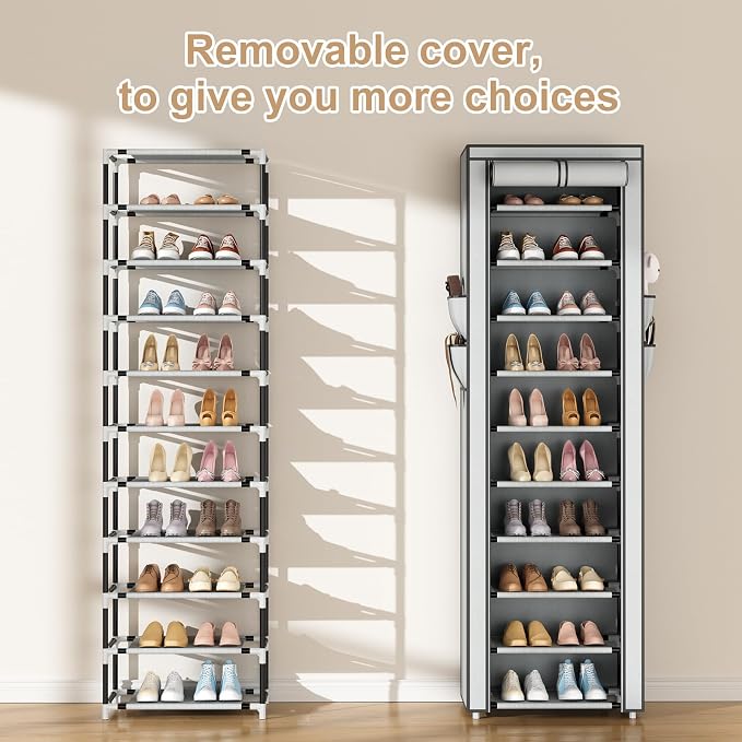 ROJASOP Shoe Rack with Covers 10 Tier Large Shoe Organizer Tall Shoe Closet Storage for 20-22 Pairs Shoe and Boot, Free Standing Shoe Rack Organizer for Closet, Entryway, Bedroom, Grey