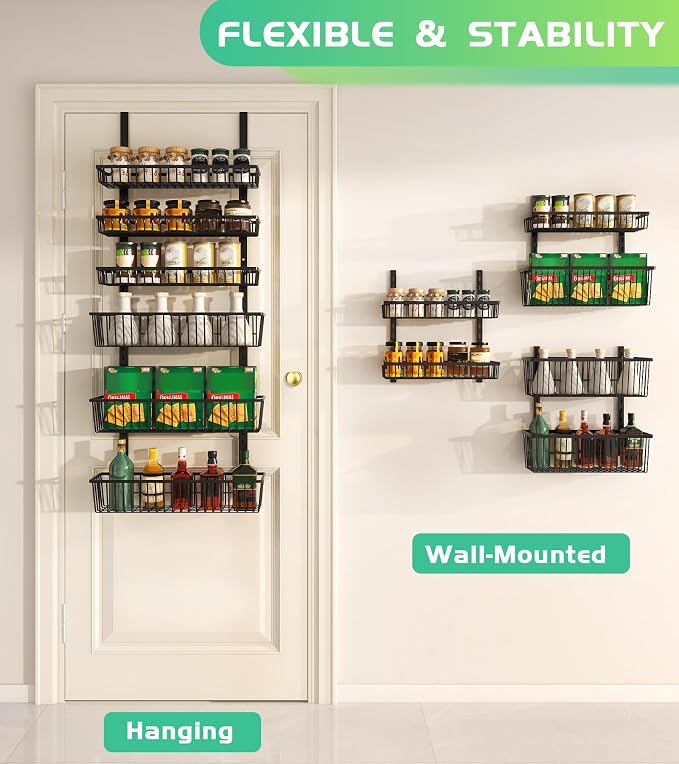 Mefirt 8-Tier Black Over The Door Pantry Organizer, Hanging Shelves | Pantry Hanging Organizers and Storage, Adjustable Heavy-Duty Metal for Home & Kitchen, Back of Door Seasoning Rack