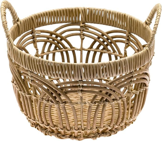 Handmade Woven Round Plastic Basket with Handle - Home Organizing, Storage Baskets, Shelf Basket, Cloth Storage, Toy Storage, Decorative Storage - Large