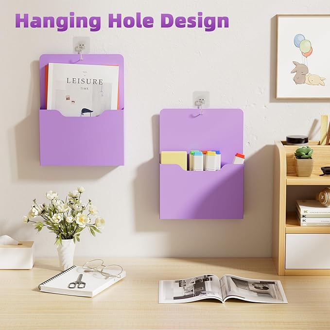 Marbrasse Magnetic File Holder - Magnetic Paper Holder, Pocket Organizer Office Supplies Storage Mail Organizer for Notebooks,Planners,Letter (Purple)