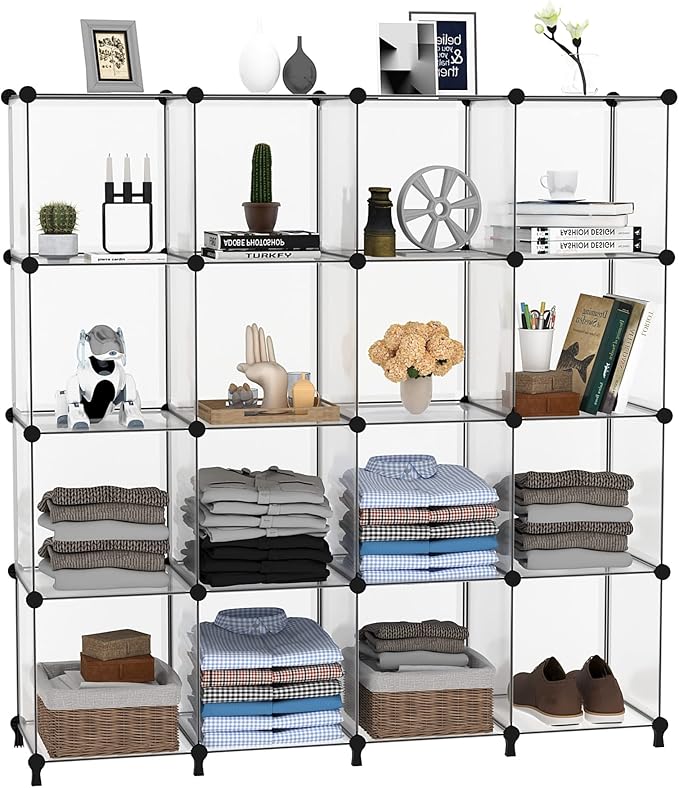 AWTATOS Cube Storage Organizer, 16 Cube Closet Organizer, Transclucent | Stackable Storage Cube Shelves, DIY Portable Closet Clothes Organizer, Plastic Shelving for Bedroom, Wardrobe, Bathroom