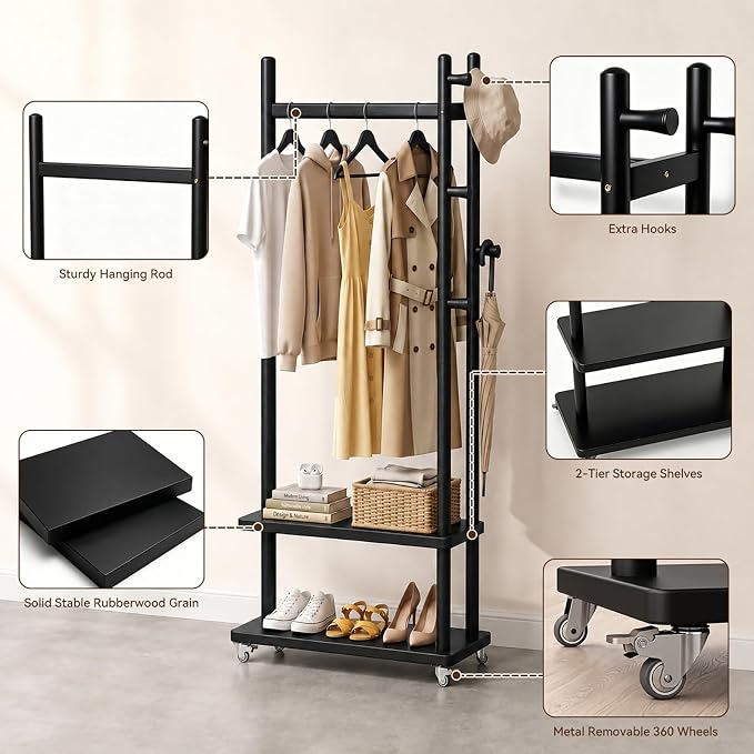 Taitiy Coat Rack Solid Wood Stand Storage 2 Shelves 4 Hooks Black | Entryway hallway bedroom office, durable wood construction, freestanding design, coats hats bags storage