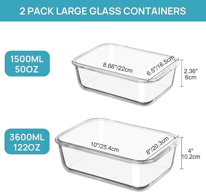 Vtopmart Large Glass Food Storage Containers with Lids, 122oz+50oz, 2 Pack | Big Glass Containers for Roasting Chicken, Baking Casseroles, Food Storage, Meal Prep, Fruits, Thanksgiving Meals, BPA-Free