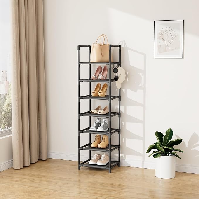 LANTEFUL Tall Shoe Rack 7 Tier Narrow Shoe Shelf Storage for 7-14 Pairs Shoe and Boot, Sturdy Shoe Storage Space Saving Corner Shoe Rack Organizer for Closet, Entryway, Living Room, Black