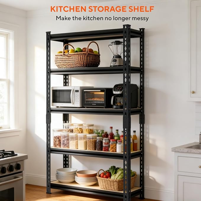 5 Tier Garage Shelving, Adjustable Heavy Duty Garage Shelves | 60 "H Metal Storage Shelves Unit for Basement,Warehouse,Pantry Kitchen