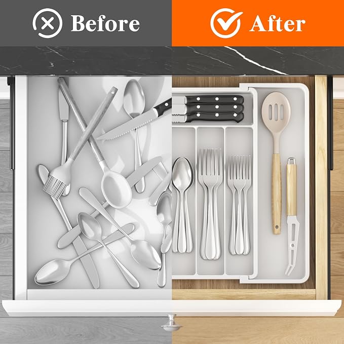 Lifewit Silverware Drawer Organizer, Expandable Utensil Tray for Kitchen, BPA Free Flatware and Cutlery Holder, Adjustable Plastic Storage for Spoons Forks Knives, 10.9"-17.5" x 13.7", White