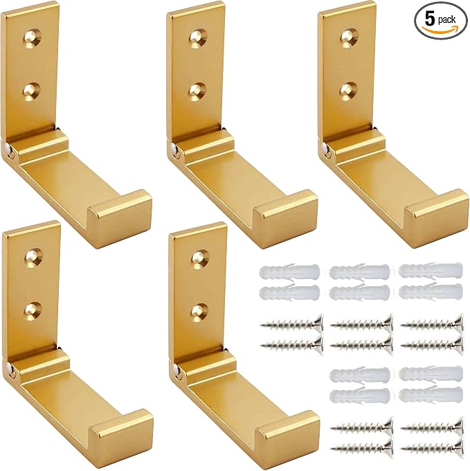 ZEYU Folding Coat Hooks, 5Pcs Wall Hooks for Hanging Coat Towel Hooks Hardware Heavy Duty Aluminum Alloy Headphone Holder Hooks No Rust Wall Mounted with Screws for Hat Bags Fitness Equipment Golden