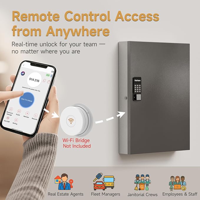 192 Key Lock Box Smart Key Organier Cabinet with Keypad & App for Office | Wall Mounted Lockbox use App, Custom & One Time Password, WiFi (Need W100 Bridge) Unlock for School, Office, Fleet, Hotel