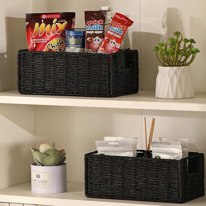 Vagusicc Wicker Storage Basket, Set of 2 Hand-Woven Paper Rope Wicker Basket, Small Storage Baskets for Organizing Toilet Paper Basket, Foldable Large Cube Storage Organizer Bins for Shelves (Black)