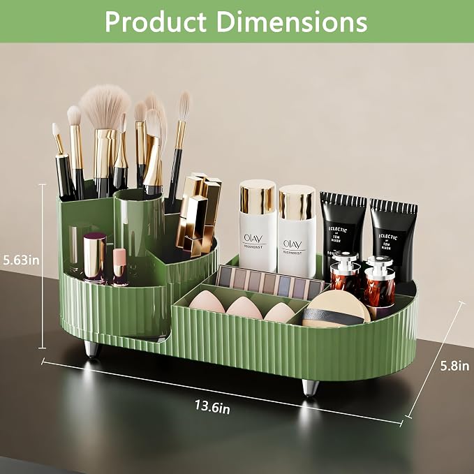 Rotating Makeup Organizer for Vanity with Brush Holder, Cosmetic Makeup Storage Organizer, Large Spinning Makeup Skincare Organizer, Countertop Makeup Perfume Organizer, Lotions Display Case Green