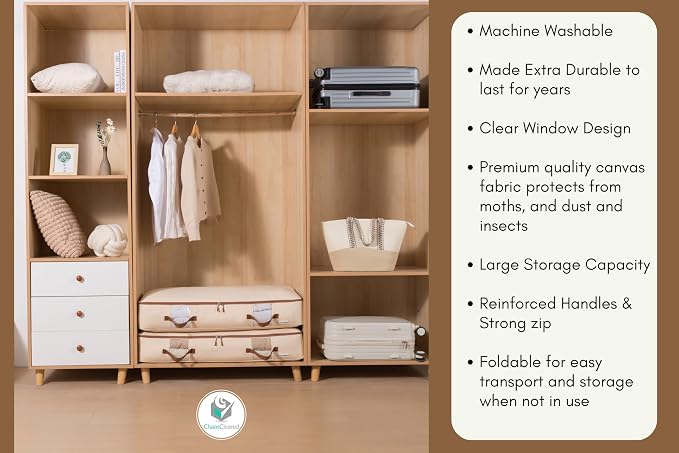 Chaos Cleared Canvas Storage Bags Designer Organizer for Underbed 2 Pack – Seasonal Storage for Sweaters, Blankets, Linens & Garments – Foldable Design with Zip & Window, Moth-Proof Space Saver