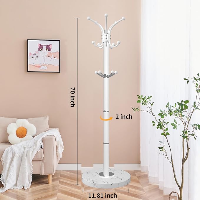 ZOZOE Metal Coat Rack Stand, Modern Coat Rack Freestanding with Natural Marble Base, 360° Rotary Design Coat Racks with 14 Hooks,White Coat Tree Hanger Stand for Bags,Hats,Entryway,Office