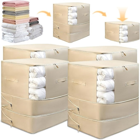 4 Pack Upgrade Comforter Storage Bag with Handle, Space Saving 3-Layer Adjustable In 3 Sizes (142L, 107L, 71L), Compression Blanket Storage Bags, Washable Bedding Organizer For Pillow Duvet Clothing