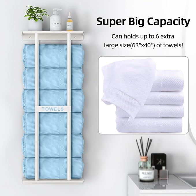 STWWO Wall Towel Rack for Rolled Towels, Towel Storage for Small Bathroom Can Holds 6 Large Towels, 30 inch Towel Racks with Shelf, White