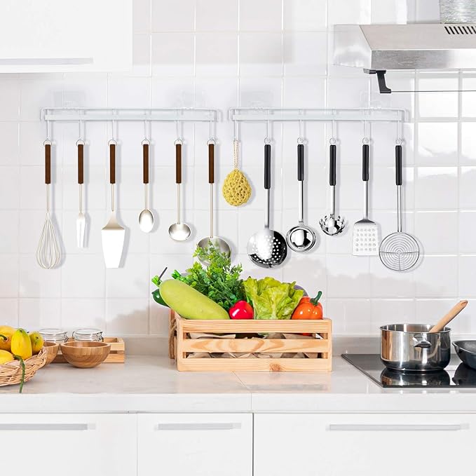 YiZhi Adhesive Wall Hooks Rack Kitchen Rail, Space Saving Utensil Holder No Drilling Wall Mounted Accessory Hanger with 6 Hooks for Kitchen Bathroom Bedroom Pack of 2 (White)