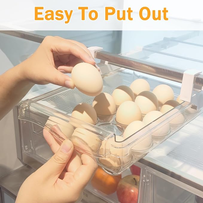 URALFA 2PCS Fridge Drawer Organizer and Egg Holder For Refrigerator | Adjustable Fridge Under Shelf Drawer, Hanging Fridge Sliding Drawer, Refrigerator Storage Containers for Egg, Fruit, Cheese