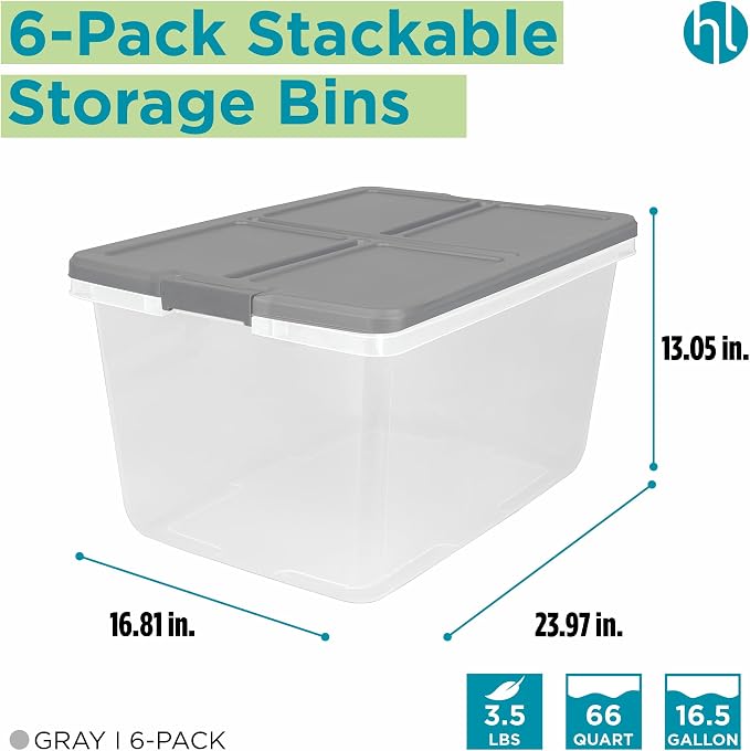 Home Logic 66 Qt Latched Storage Bin with Lid, Stackable Plastic Storage Container, Organizer for Home, Garage & Closet, 6 Pack, Gray