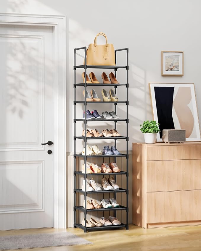 Kitsure Shoe Rack - 10-Tier Shoe Organizer with Detachable Fabric Shelves & Metal Frame, Tall Shoe Rack for Closet, Entryway, Living Room, 16.9" Wide - 10 Tier, Black